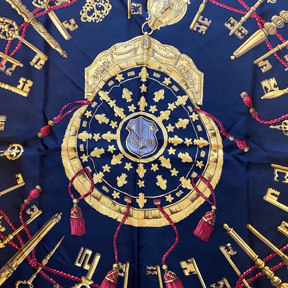 Hermes France  35+" Sq Black Red Grey Gold Silk Scarf- Keys Design & Box - Picture 2 of 7